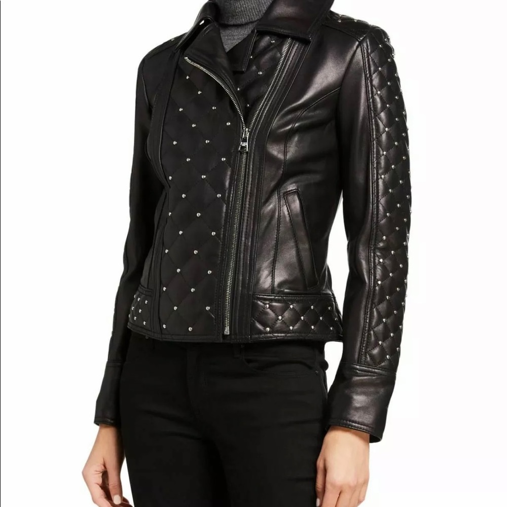 NWT Karl Lagerfeld Paris Partial Quilted Leather Studded Jacket XS